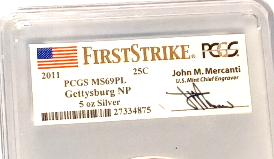 2011 Gettysburg 5 Oz. SILVER PCGS MS69DMPL FIRST STRIKE  Signed Mercanti image 2