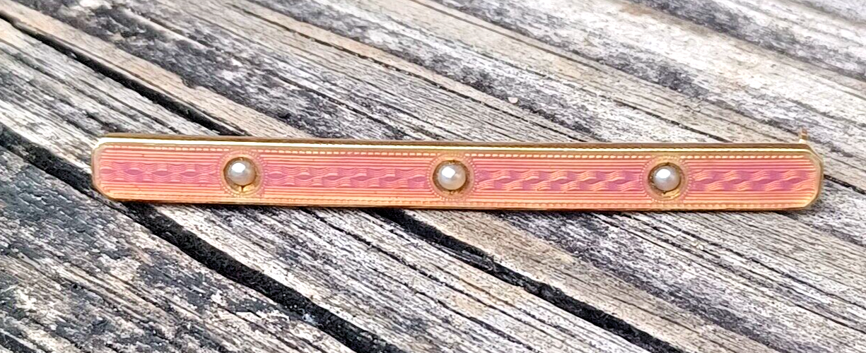 Antique Pink Enamel Guilloche Victorian Seed Pearl 14K Yellow Gold Bar Pin image 3