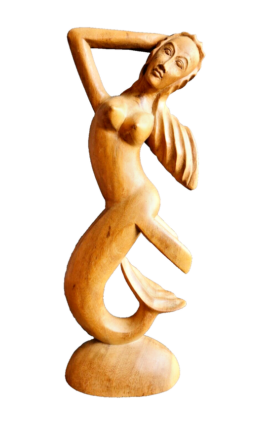 16" Tall Hand Carved Balinese Indonesia Wood Nude Mermaid Figurine image 0