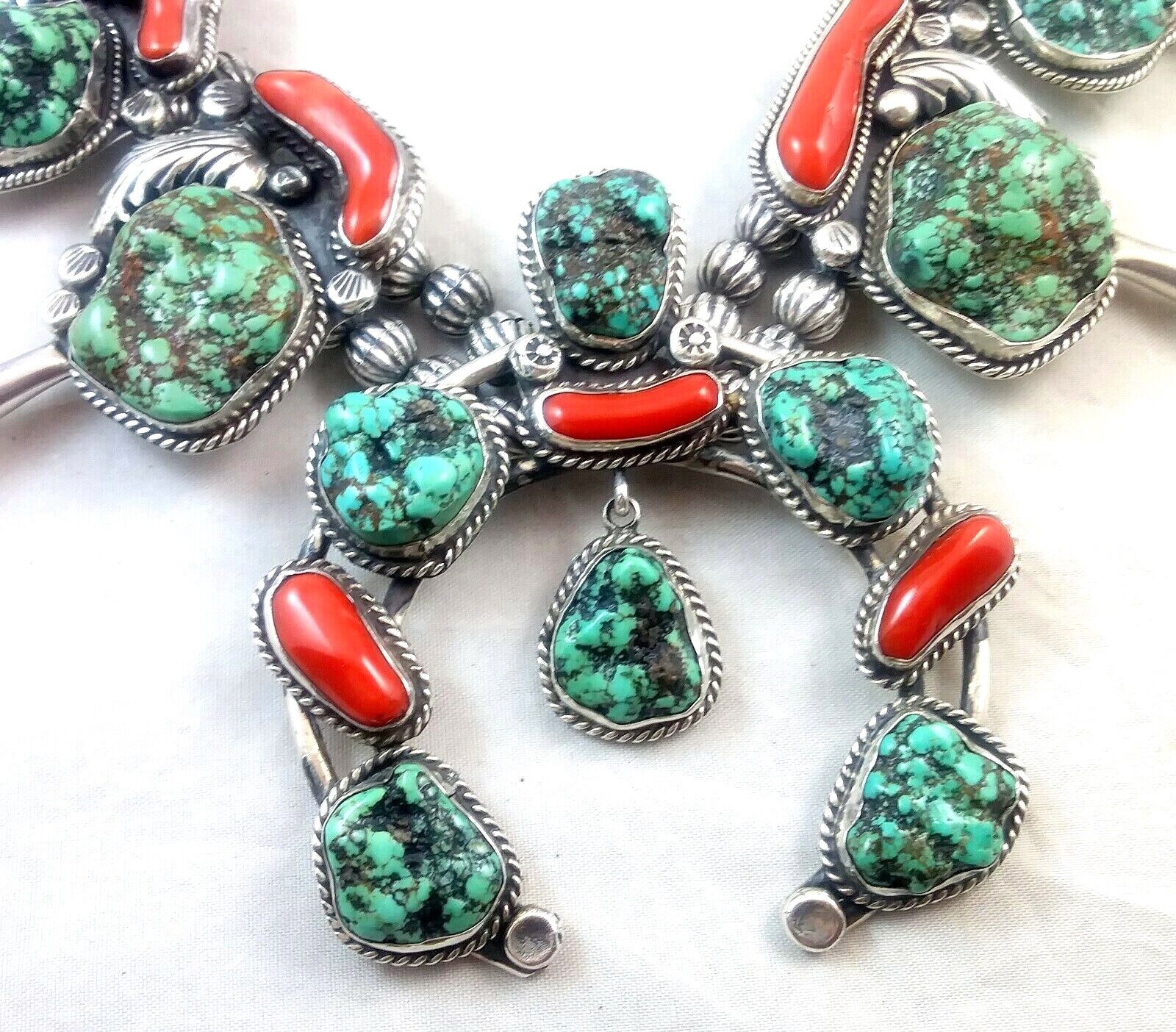 Native American Signed Squash Blossom Turquoise Coral & Sterling Silver Necklace image 2