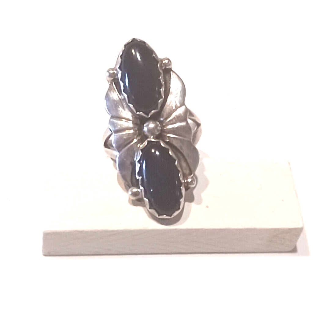 Native American Black Onyx & Sterling Silver Ring Signed INO image 0