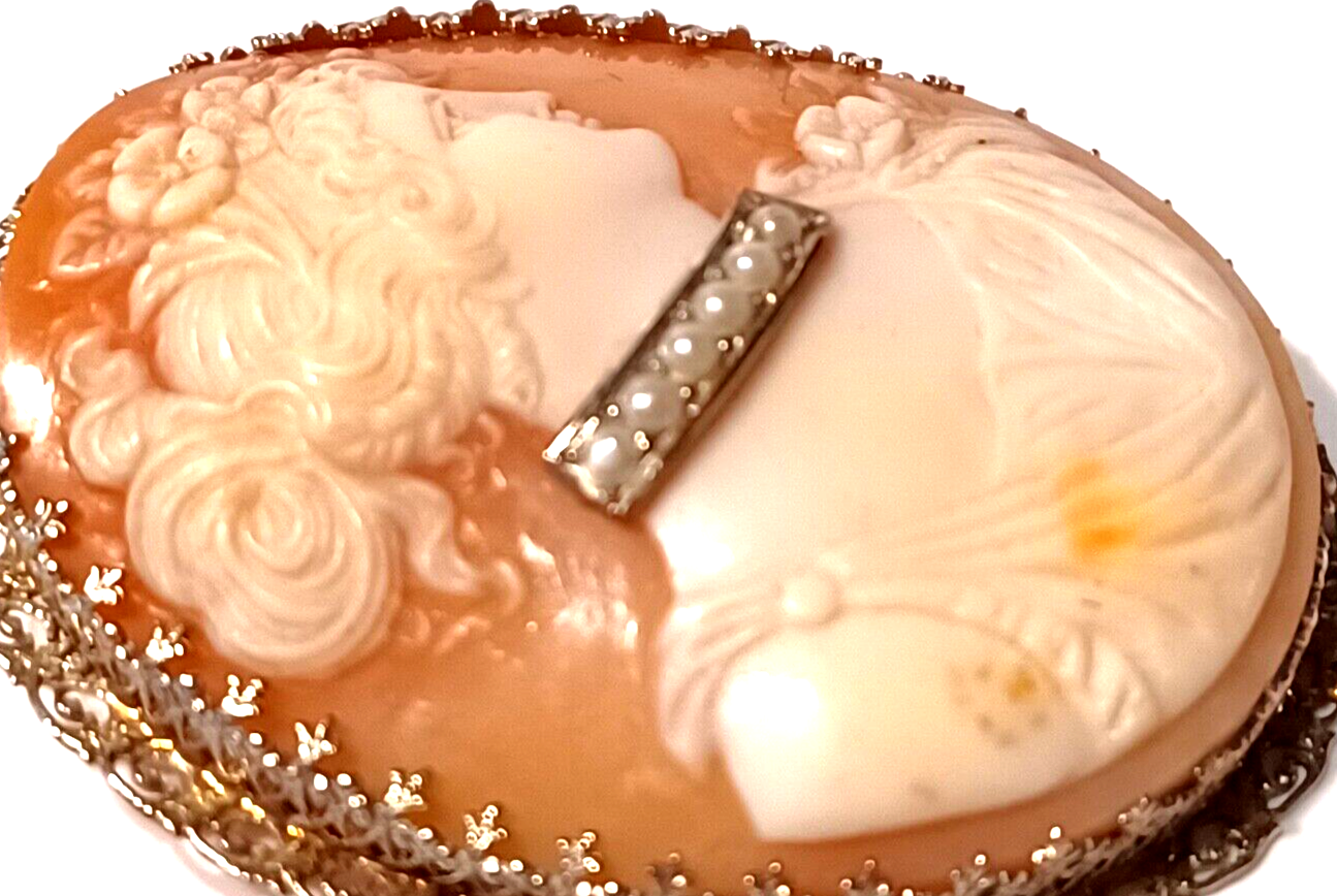 Gorgeous Victorian Shell Cameo & 14K White Gold Brooch ~ Cameo w/ Pearl Choker image 5