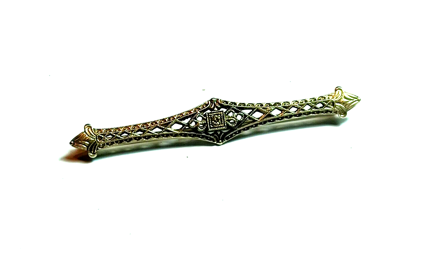 Antique Victorian Diamond Filigree 10K White Gold Bar Pin image 0
