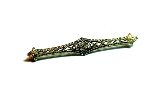 Antique Victorian Diamond Filigree 10K White Gold Bar Pin image 0