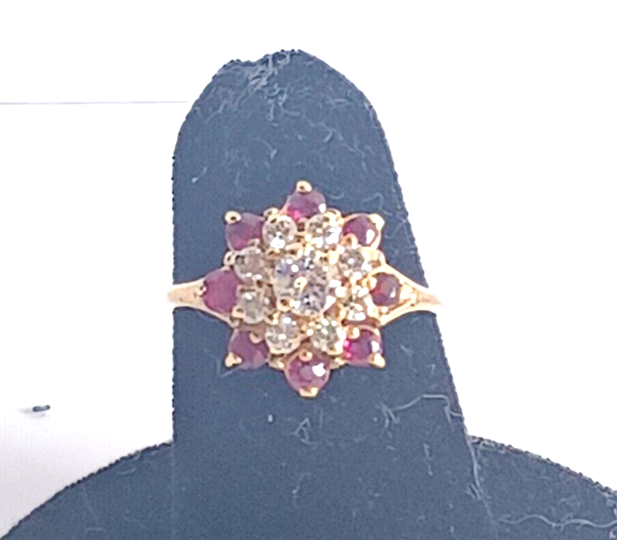 Vintage .75ct Ruby & Diamond 14K Yellow Gold Cluster Ring image 1