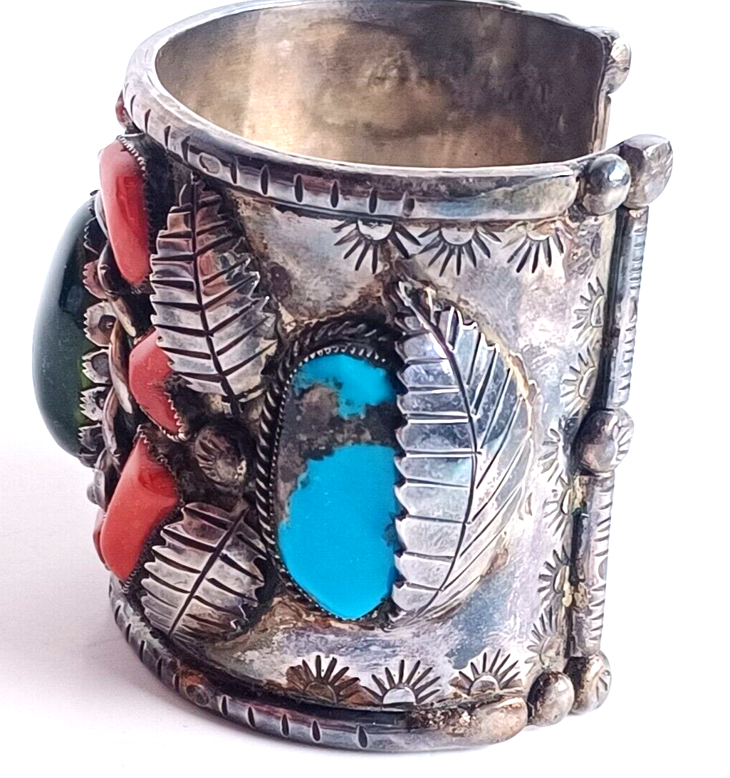 Lg Native American Green Amber Turq & Coral Sterling Cuff Bracelet Wilford Chee image 10