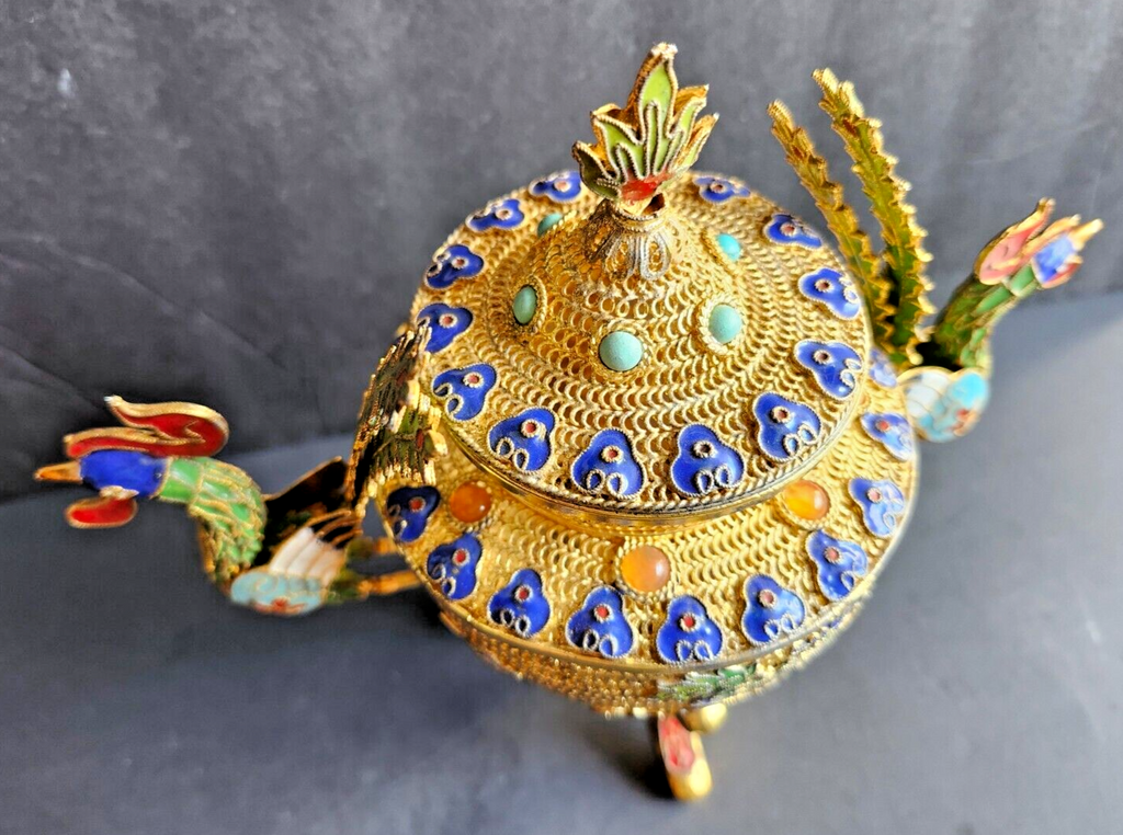 Vintage Gold Filigree & Enamel Chinese Incense Burner image 3