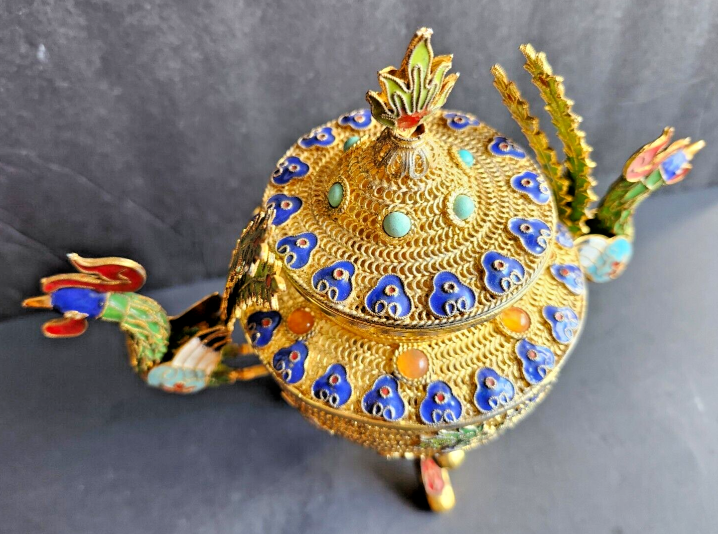 Vintage Gold Filigree & Enamel Chinese Incense Burner image 3
