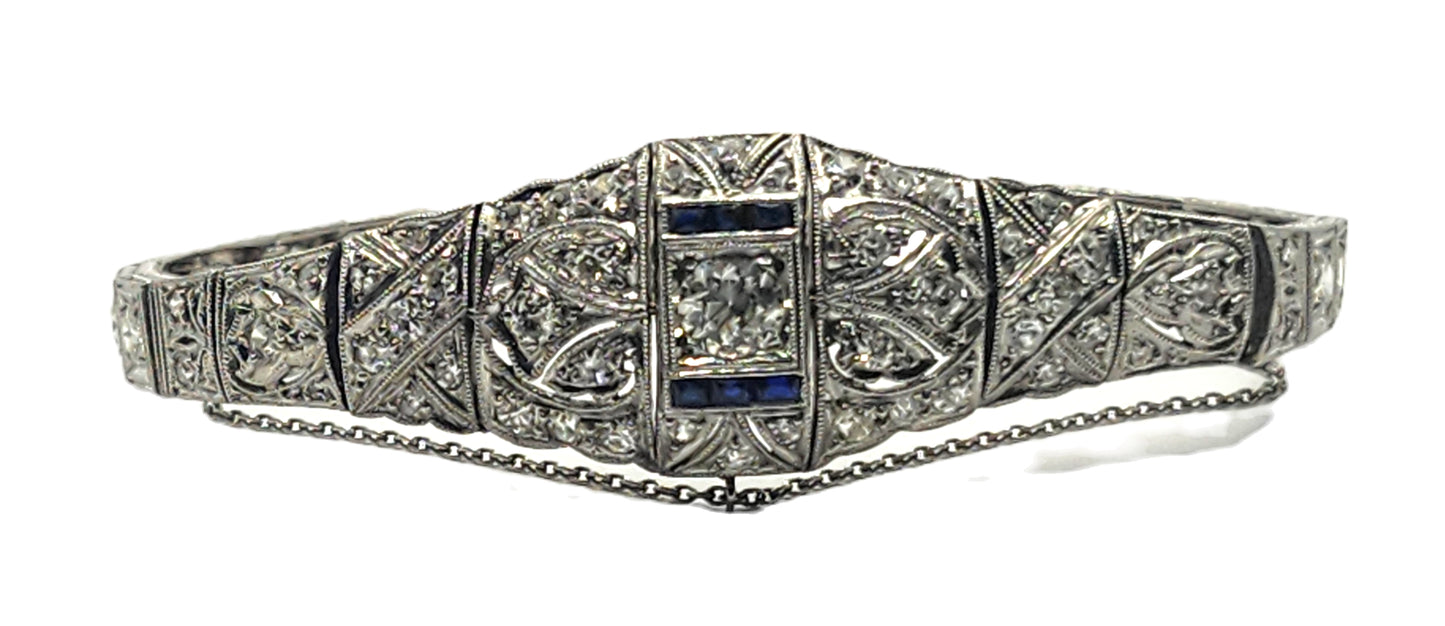 Antique Art Deco Filigree Platinum 3ct Diamond & Sapphire Bracelet image 1