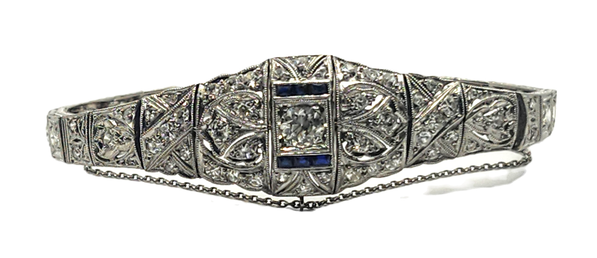 Antique Art Deco Filigree Platinum 3ct Diamond & Sapphire Bracelet image 1
