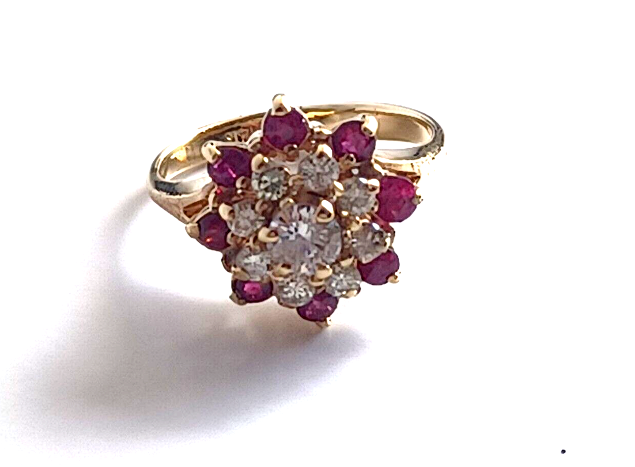 Vintage .75ct Ruby & Diamond 14K Yellow Gold Cluster Ring image 4