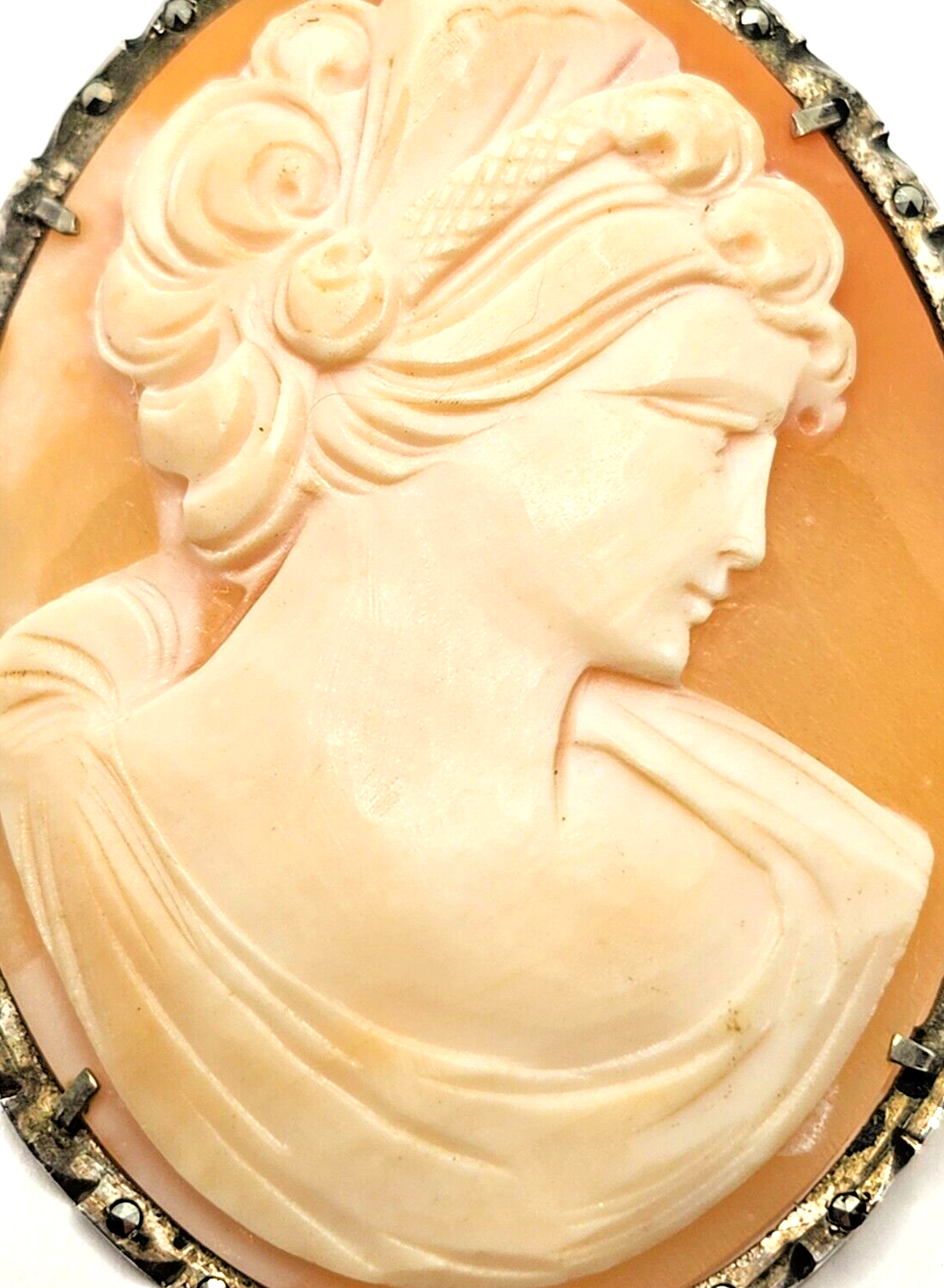 Large Antique Victorian Sterling Silver Marcasite & Shell Cameo Brooch Pendant image 2