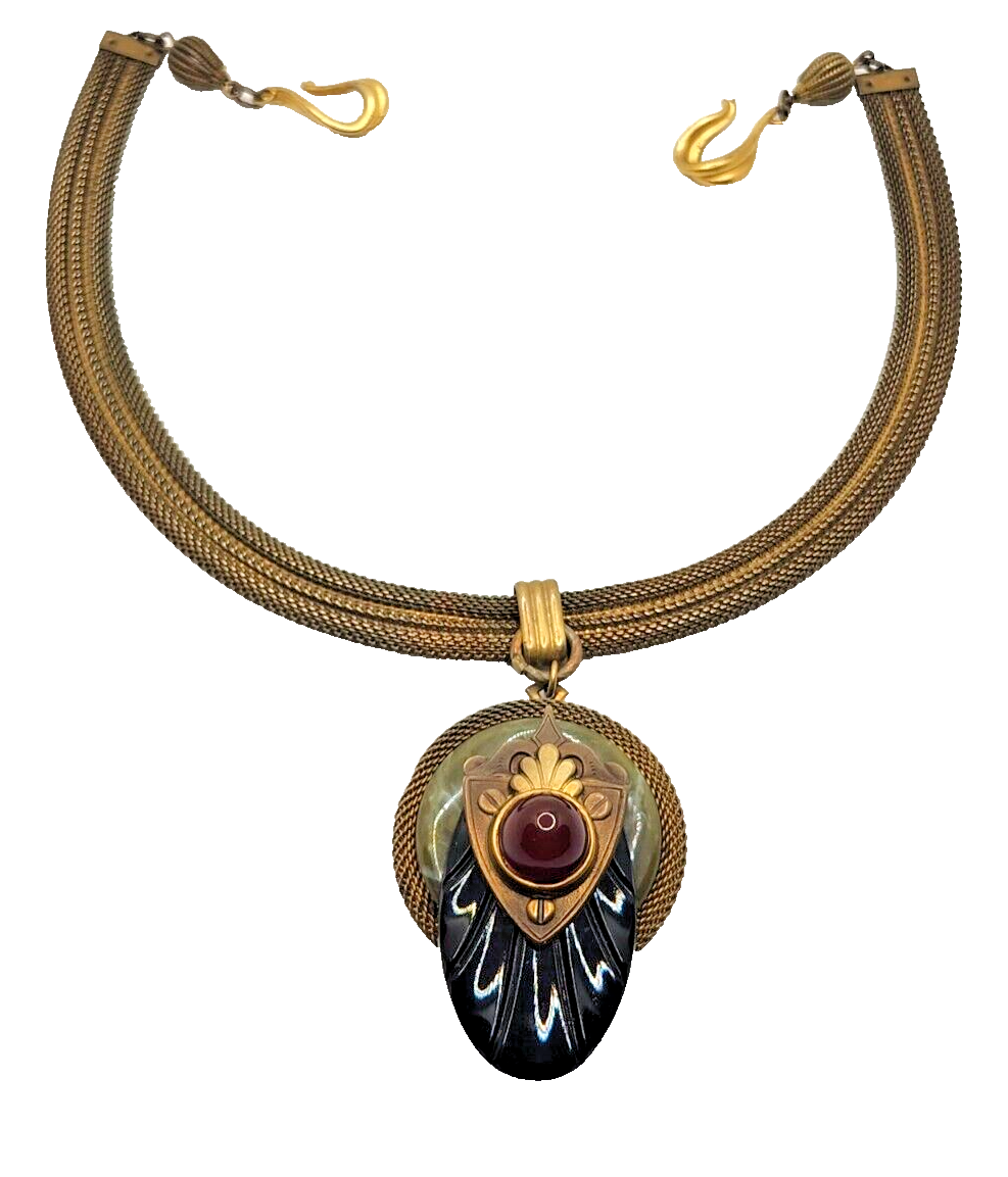 Vintage Patrice Black Onyx Carnelian & Green Agate Pendant Necklace image 5