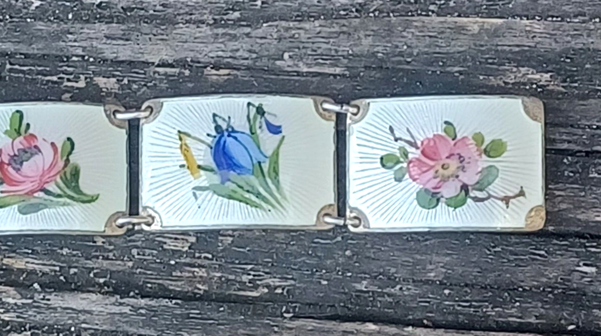 Vintage Norwegian Sterling Silver Guilloche Enamel Flower Panel Bracelet image 1