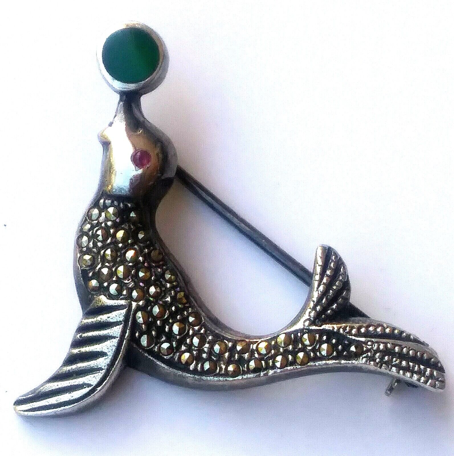 Gorgeous Vintage Sterling Silver Marcasite & Jade Seal Pin Brooch image 1