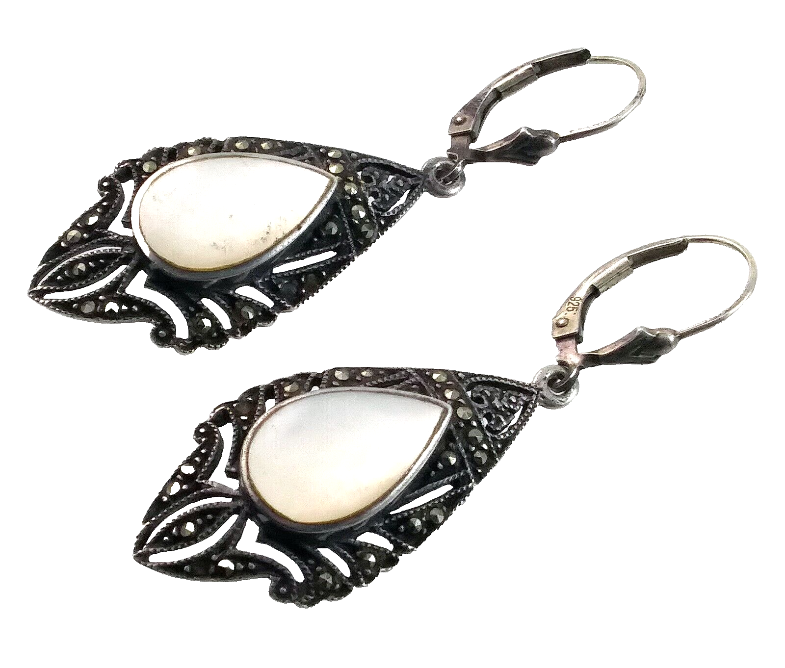 Vintage Antique Sterling Silver Marcasite & Mother of Pearl Dangle Drop Earrings image 1