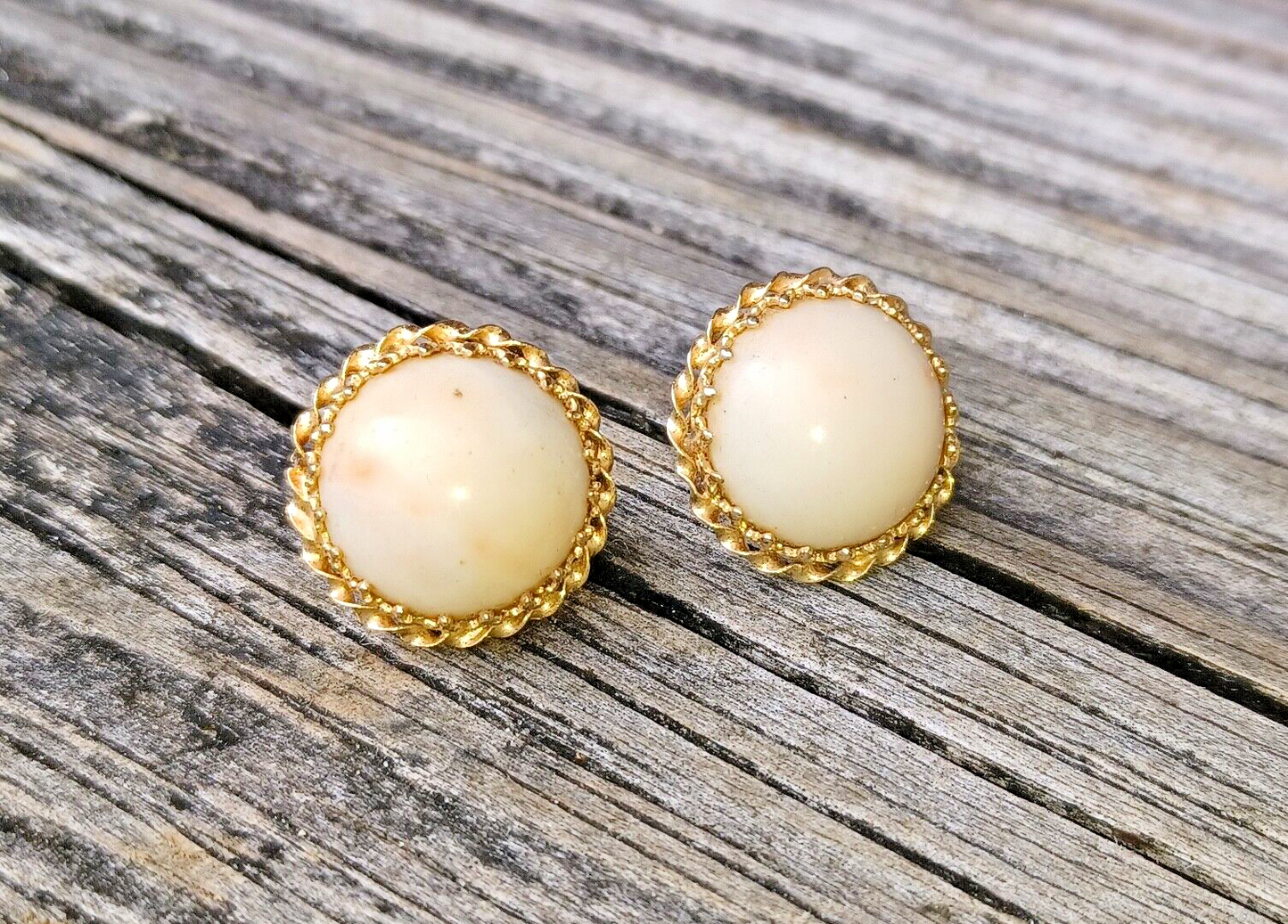 Genuine 13MM Natural Angel Skin Coral 14k Yellow Gold Omega Back Earrings image 0