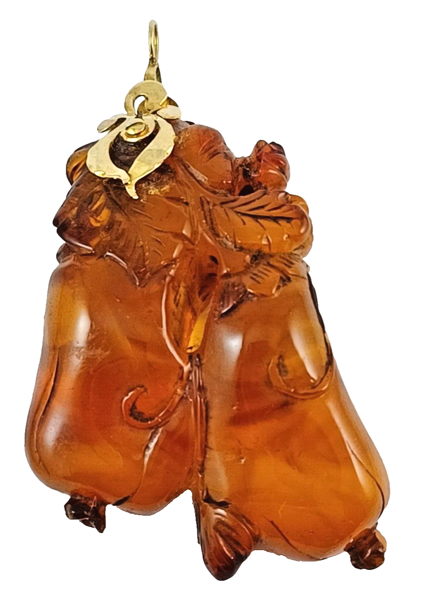 RARE One of a Kind! Large Antique Carved Butterscotch Amber & 14K Gold Pendant image 1