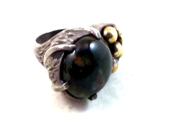 Very Unique Vintage Sterling Silver Modernist Agate & 18K Gold Ball Ring image 1