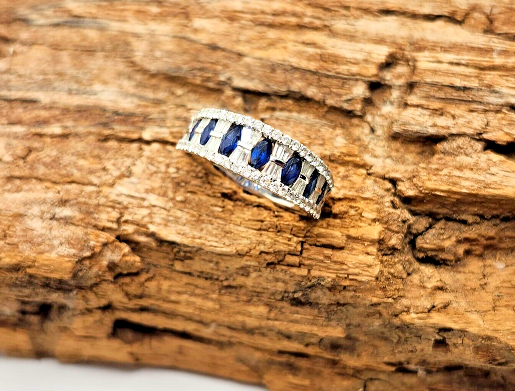 Diamond & Sapphire 18k White Gold Wedding Band or Anniversary Ring image 1