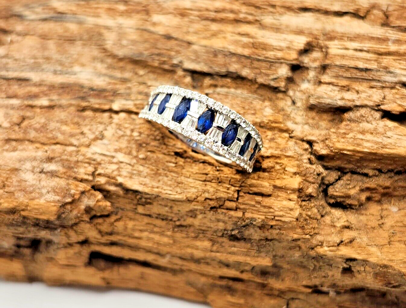 Diamond & Sapphire 18k White Gold Wedding Band or Anniversary Ring image 1