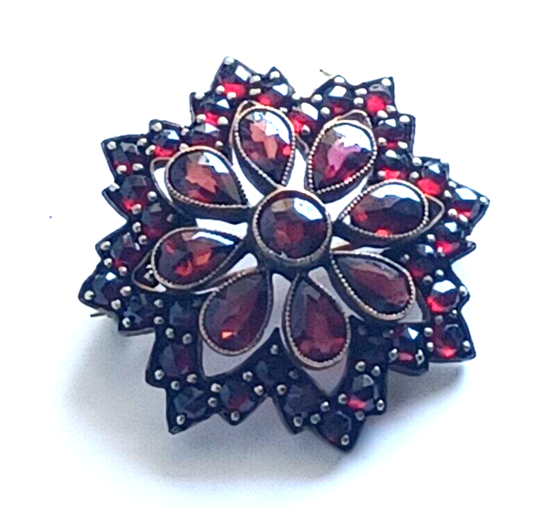 Gorgeous Antique Bohemian Garnet & Sterling Silver Vermeil Brooch Pin image 3