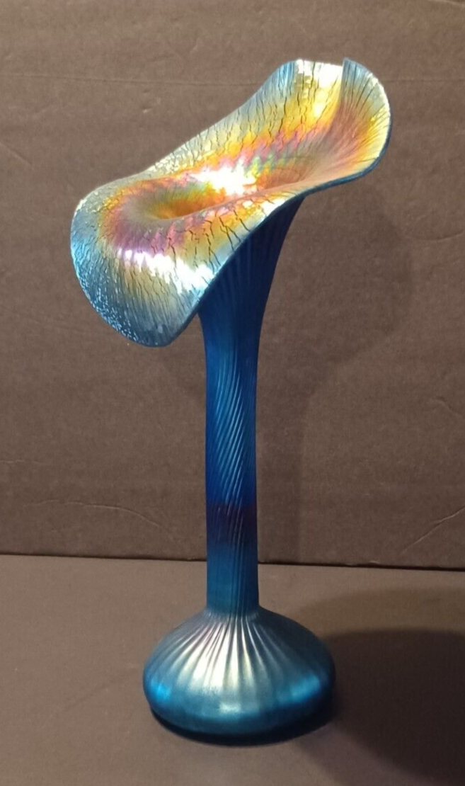 LUNDBERG Studios Art Glass JACK IN THE PULPIT Aurene Blue Iridescent Vase image 6