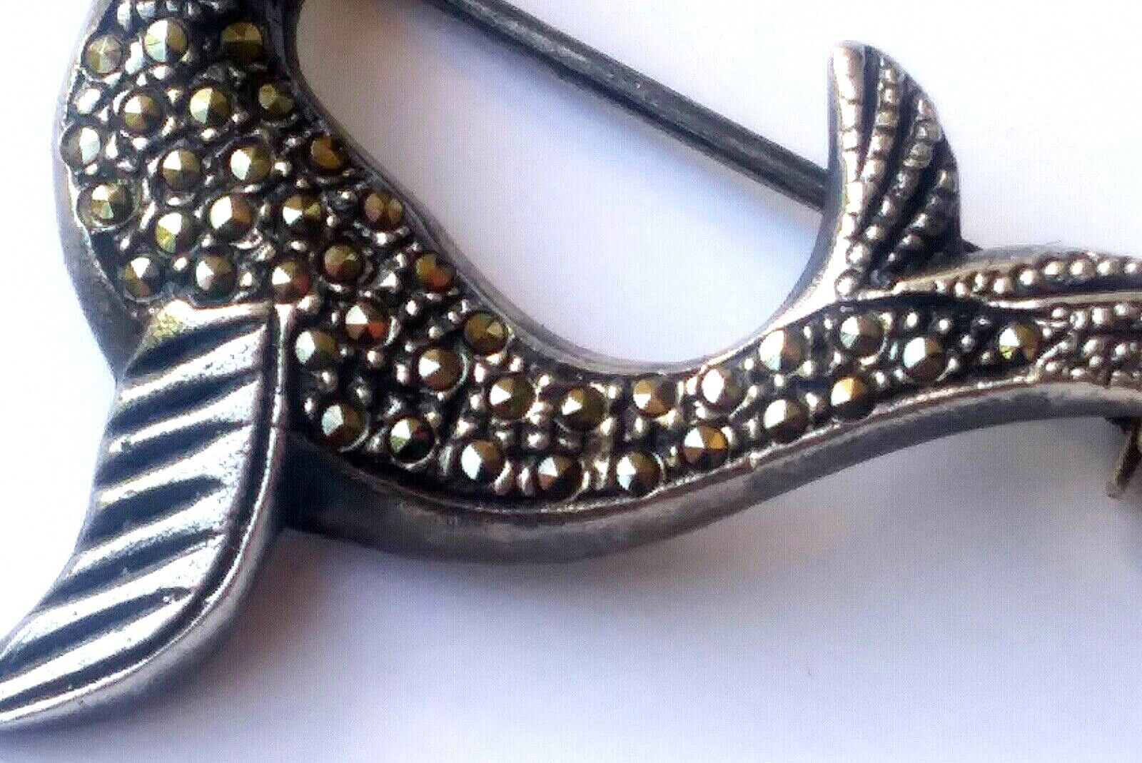 Gorgeous Vintage Sterling Silver Marcasite & Jade Seal Pin Brooch image 2
