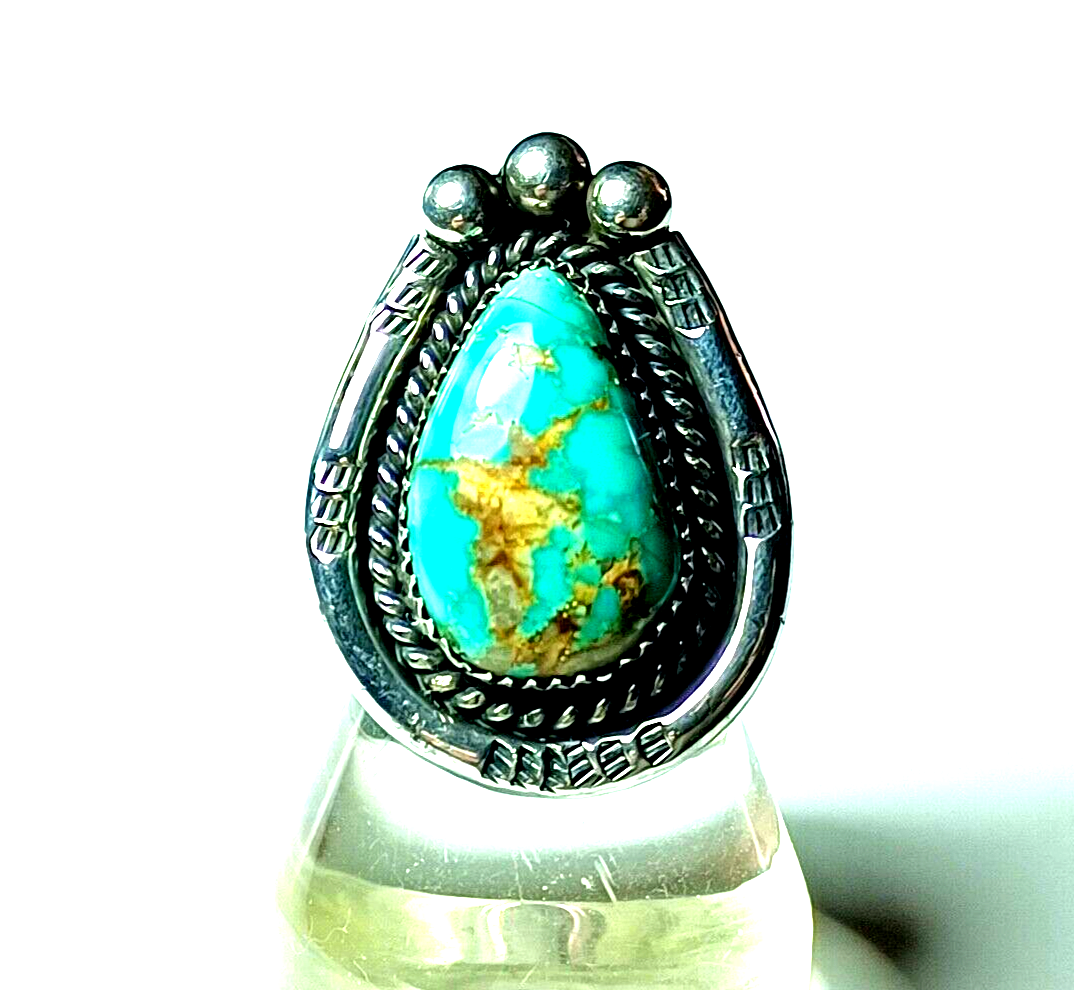Vintage Native American Sterling Silver & Turquoise Teardrop Shaped Ring G Myers image 0