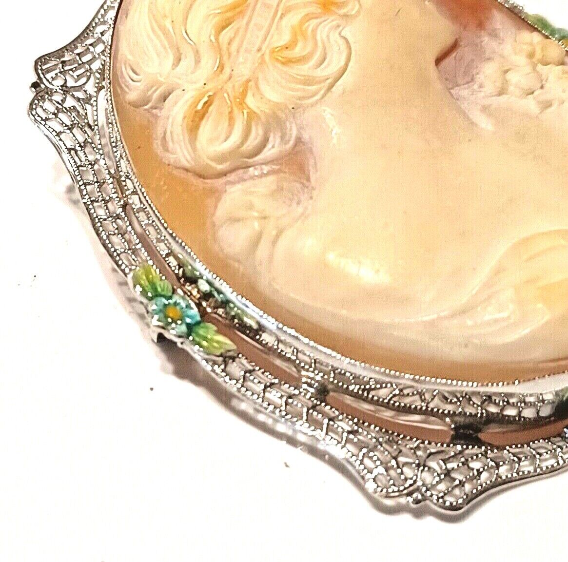 Antique Victorian Estate 14K White Gold Filigree Shell Cameo Pin Pendant Enamel image 4