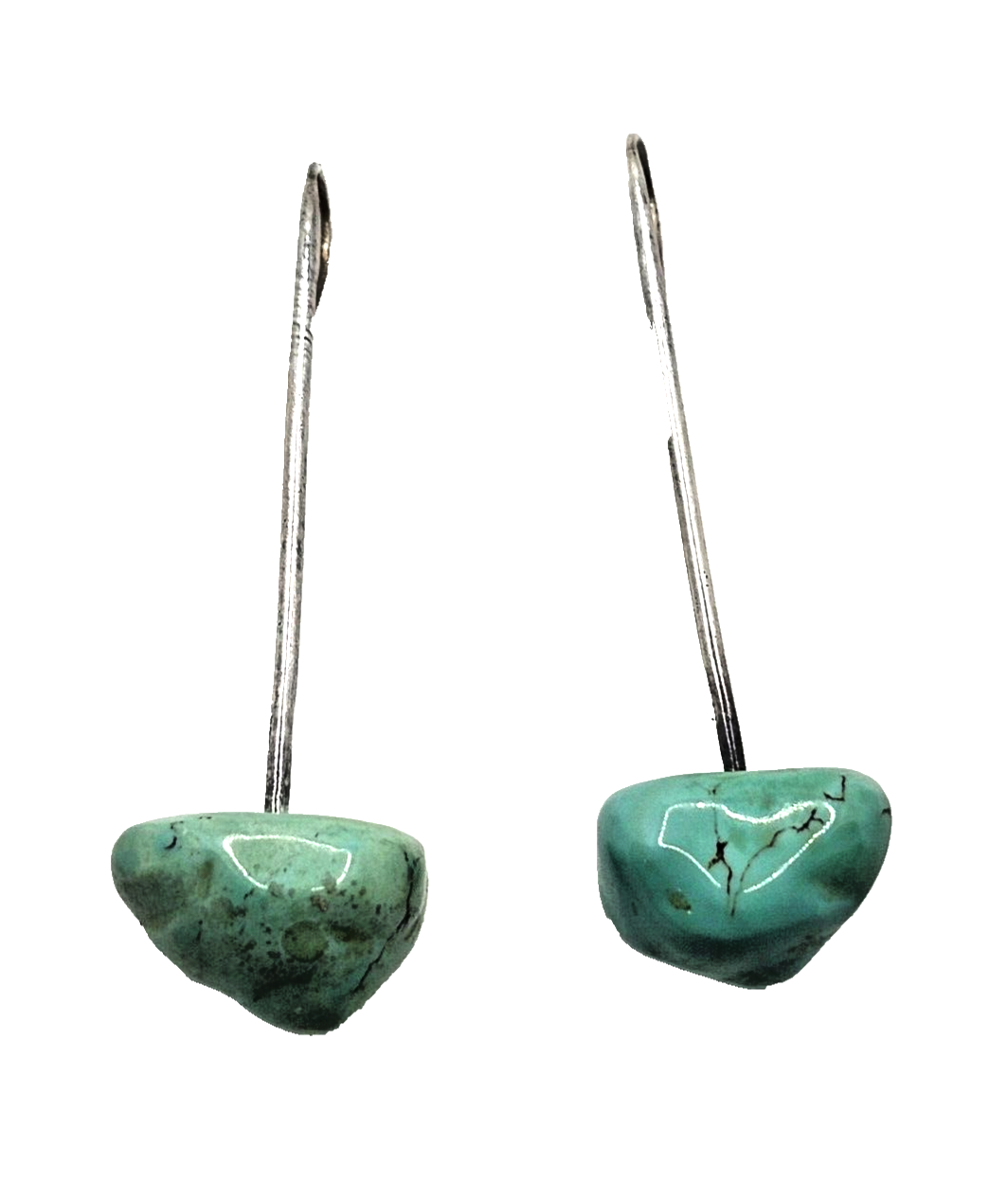 Large Chunky Turquoise Stone End on Long Sterling Silver Dangle Post Earrings image 1