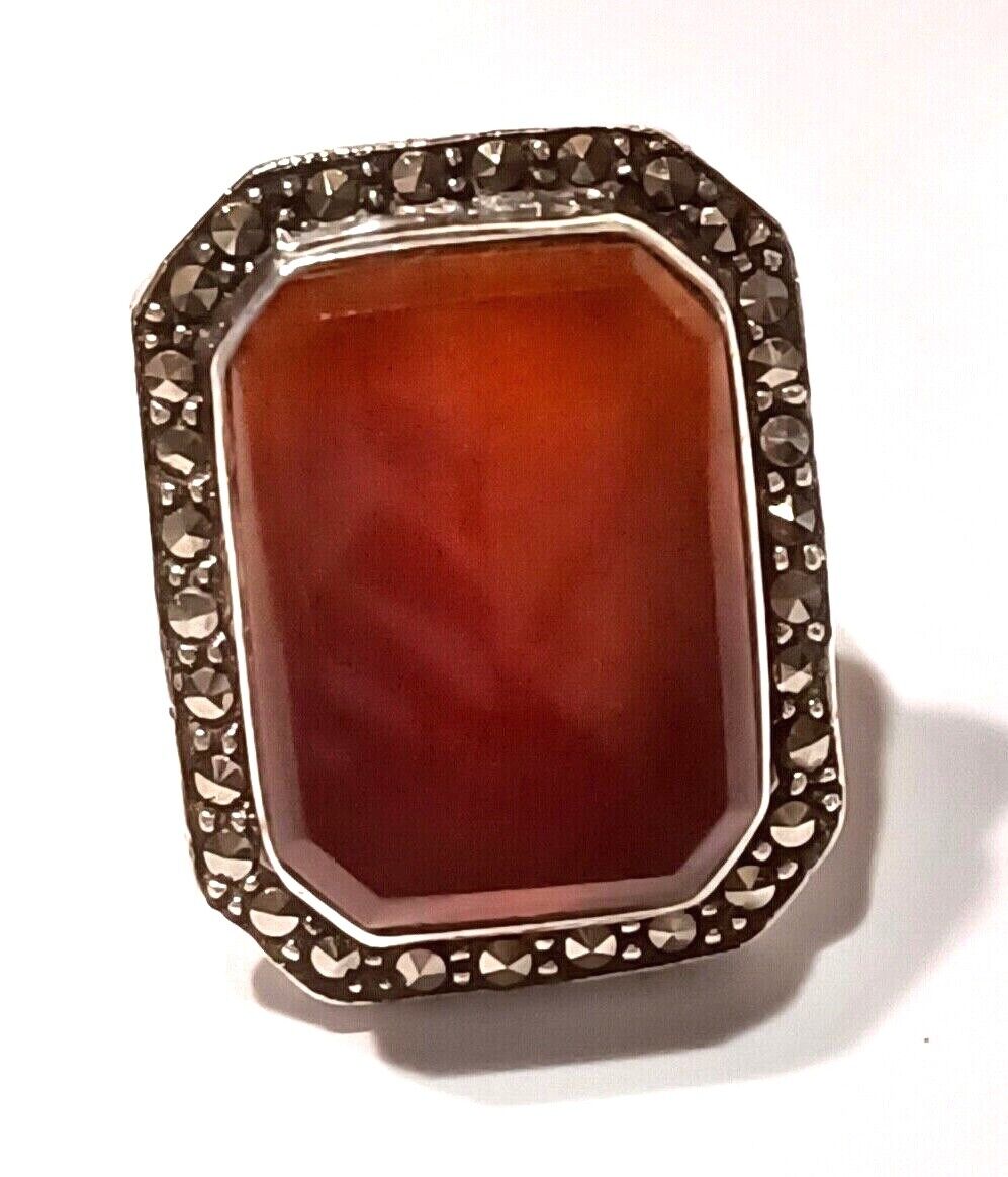 Antique Vintage Carnelian & Marcasite Sterling Silver Ring image 3