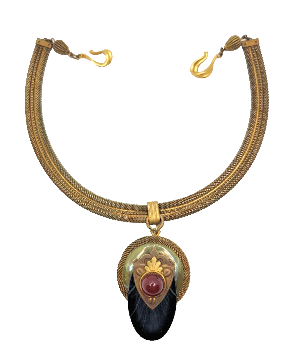 Vintage Patrice Black Onyx Carnelian & Green Agate Pendant Necklace image 1