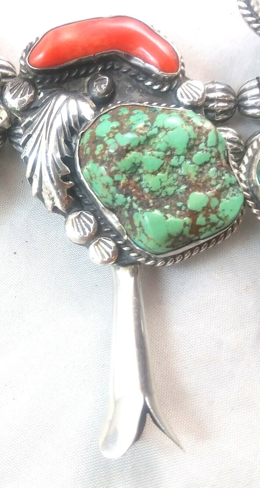 Native American Signed Squash Blossom Turquoise Coral & Sterling Silver Necklace image 8