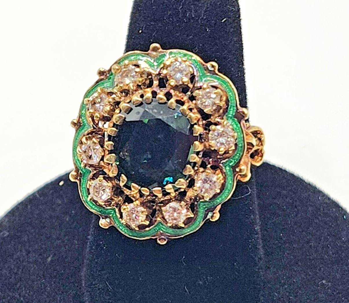 Green Zircon, Diamond Halo & Enamel Scroll Fleur-de-Lis 14k Gold Cocktail Ring image 9