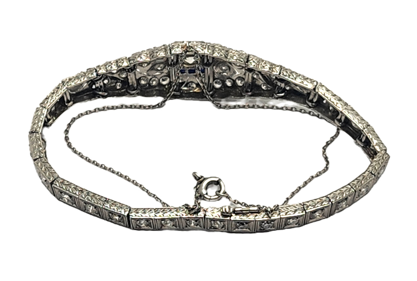 Antique Art Deco Filigree Platinum 3ct Diamond & Sapphire Bracelet image 7