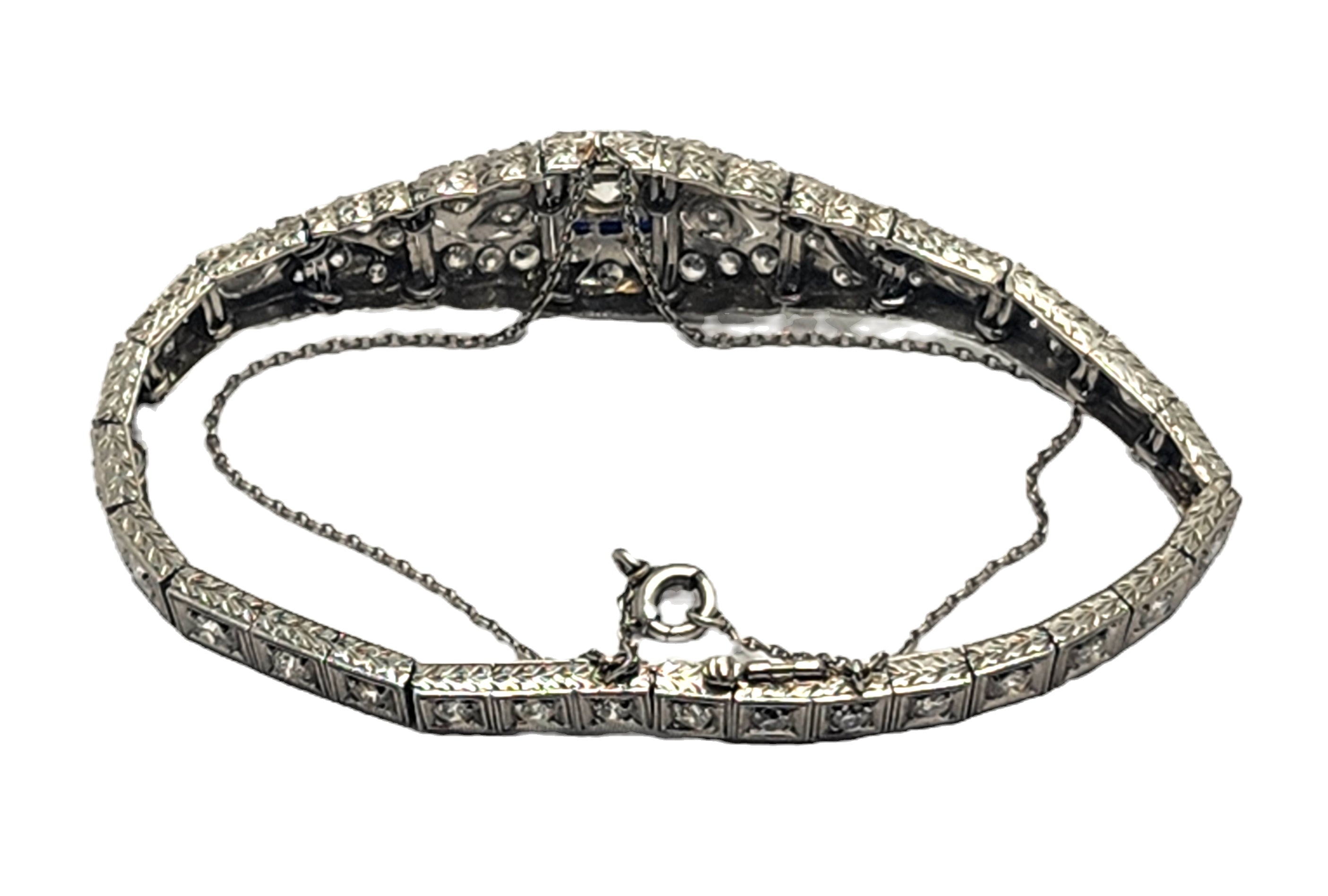 Antique Art Deco Filigree Platinum 3ct Diamond & Sapphire Bracelet image 7
