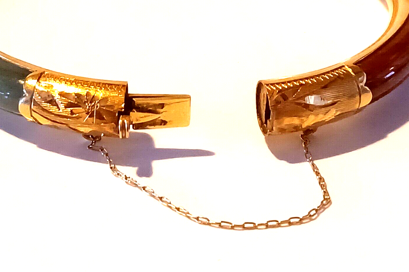 Antique 14K Yellow Gold Red, Green, White & Black Jade Bangle Bracelet image 11