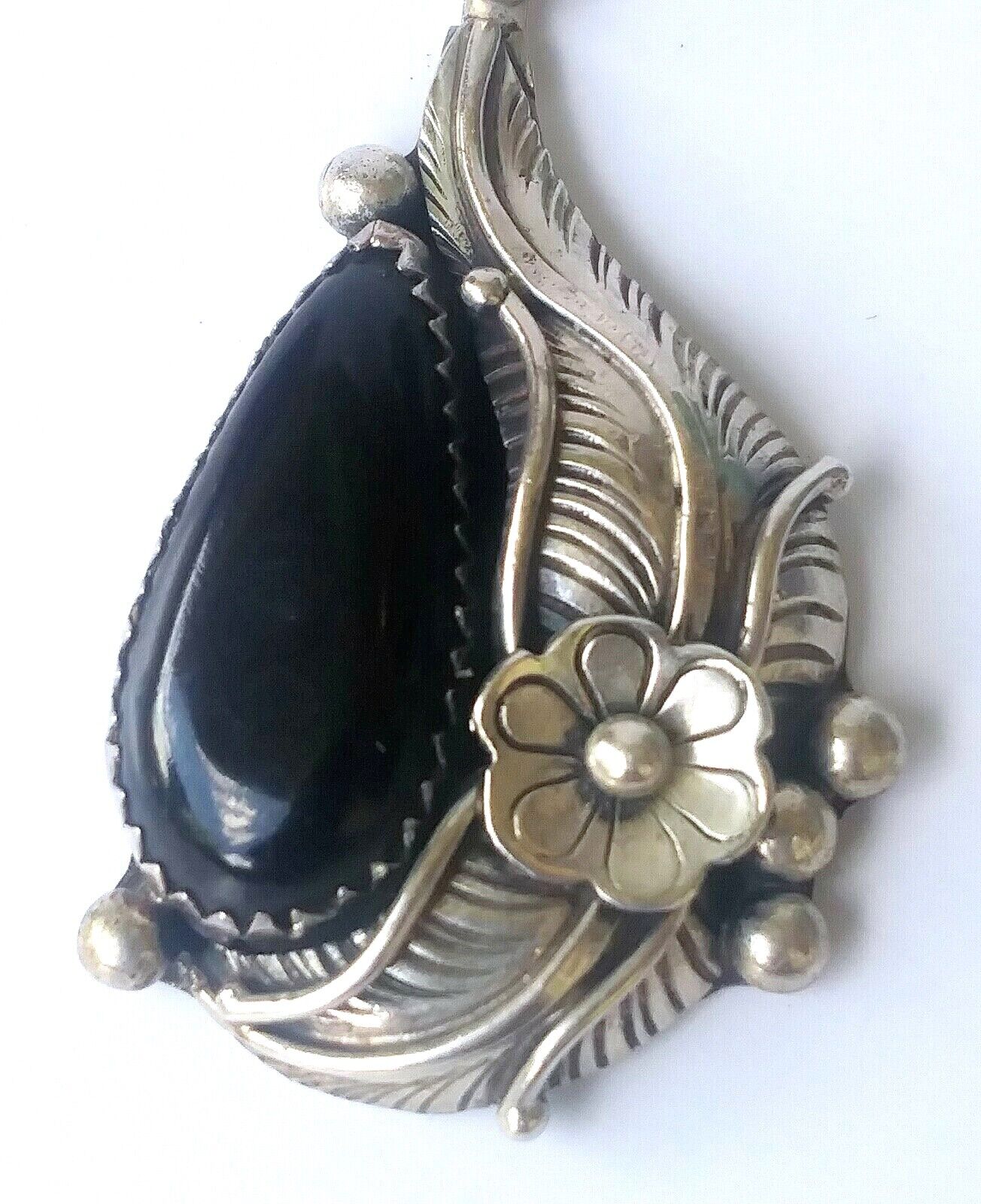 Native American Signed Sterling SIlver & Onyx Pendant with Necklace CC image 5