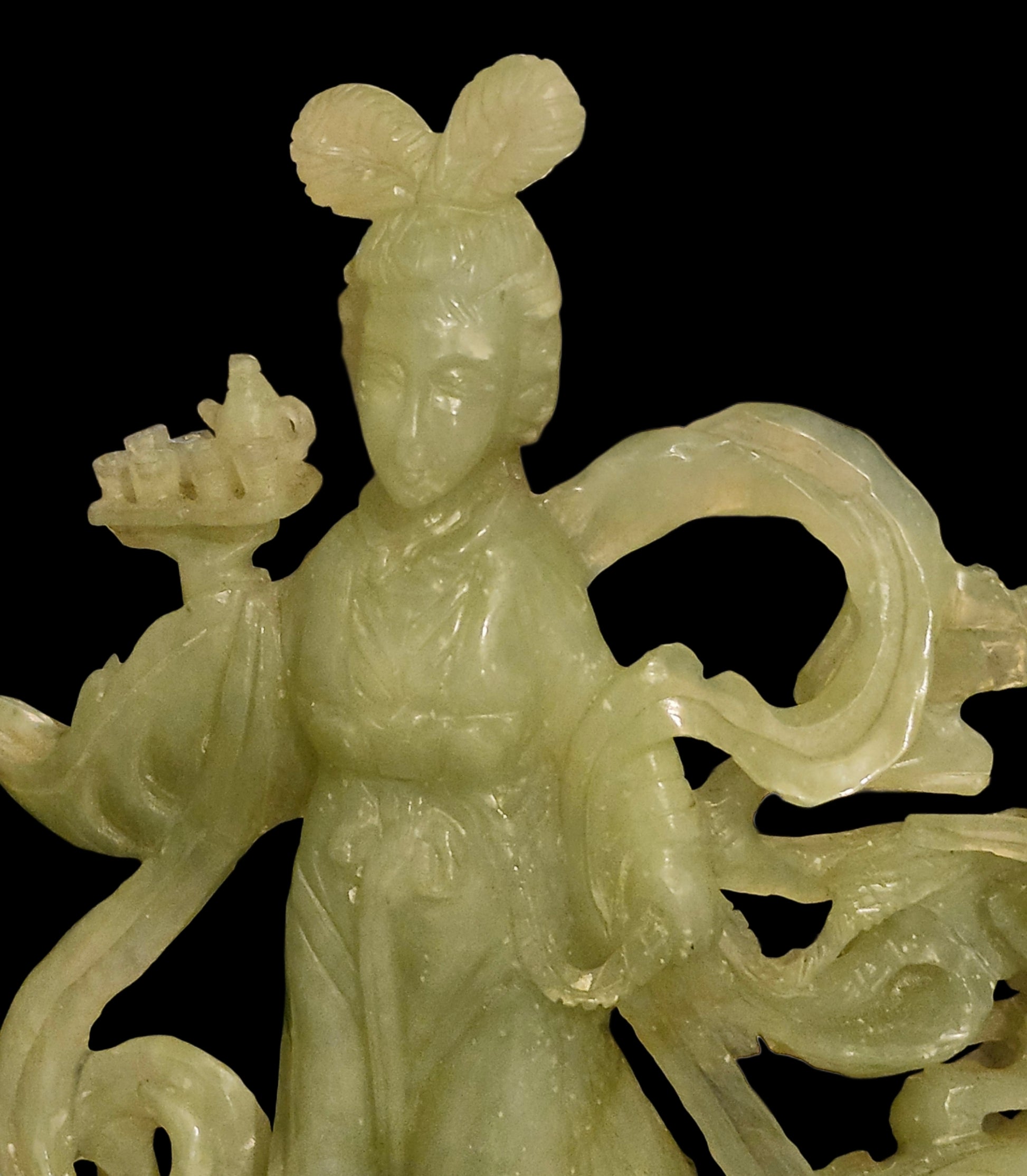 Vinatge Carved Chinese Jade Kwan Yin Geisha Statue w/ Wood Base image 2