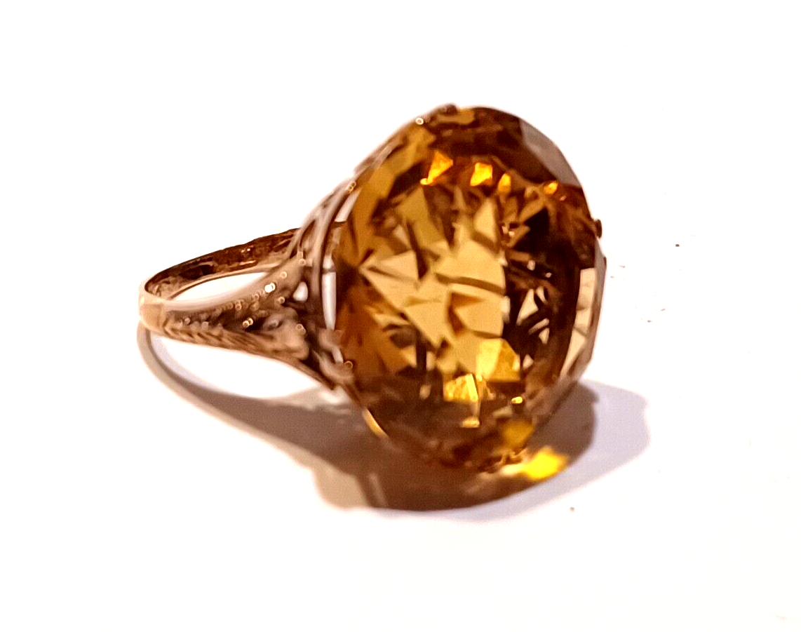 Antique Filigree 14K Yellow Gold & Large 35ct Citrine Ring image 2