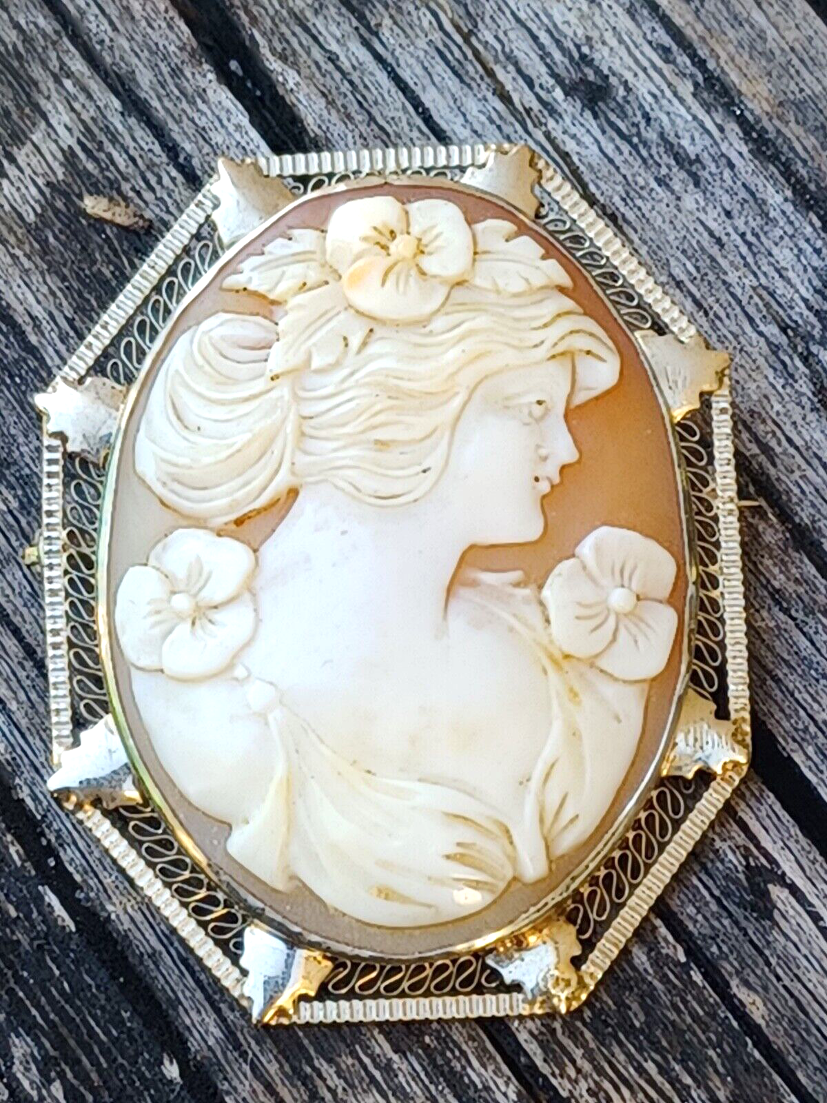 Antique Victorian Carved Shell Cameo w/ Flowers 14K White Gold Pin / Pendant image 1