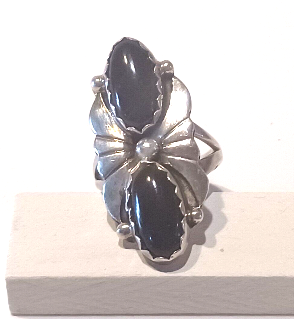 Native American Black Onyx & Sterling Silver Ring Signed INO image 3