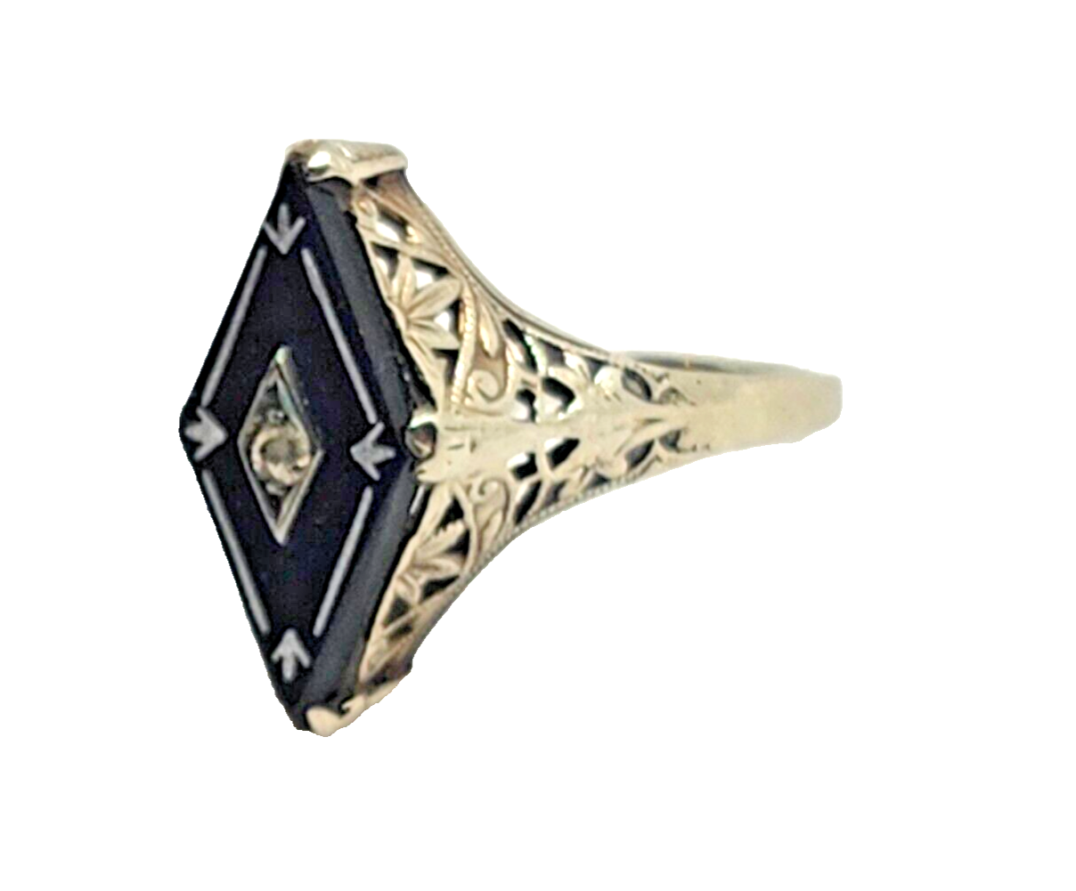 Antique Edwardian Art Deco Diamond Onyx & 14K White Gold Filigree Navette Ring image 2