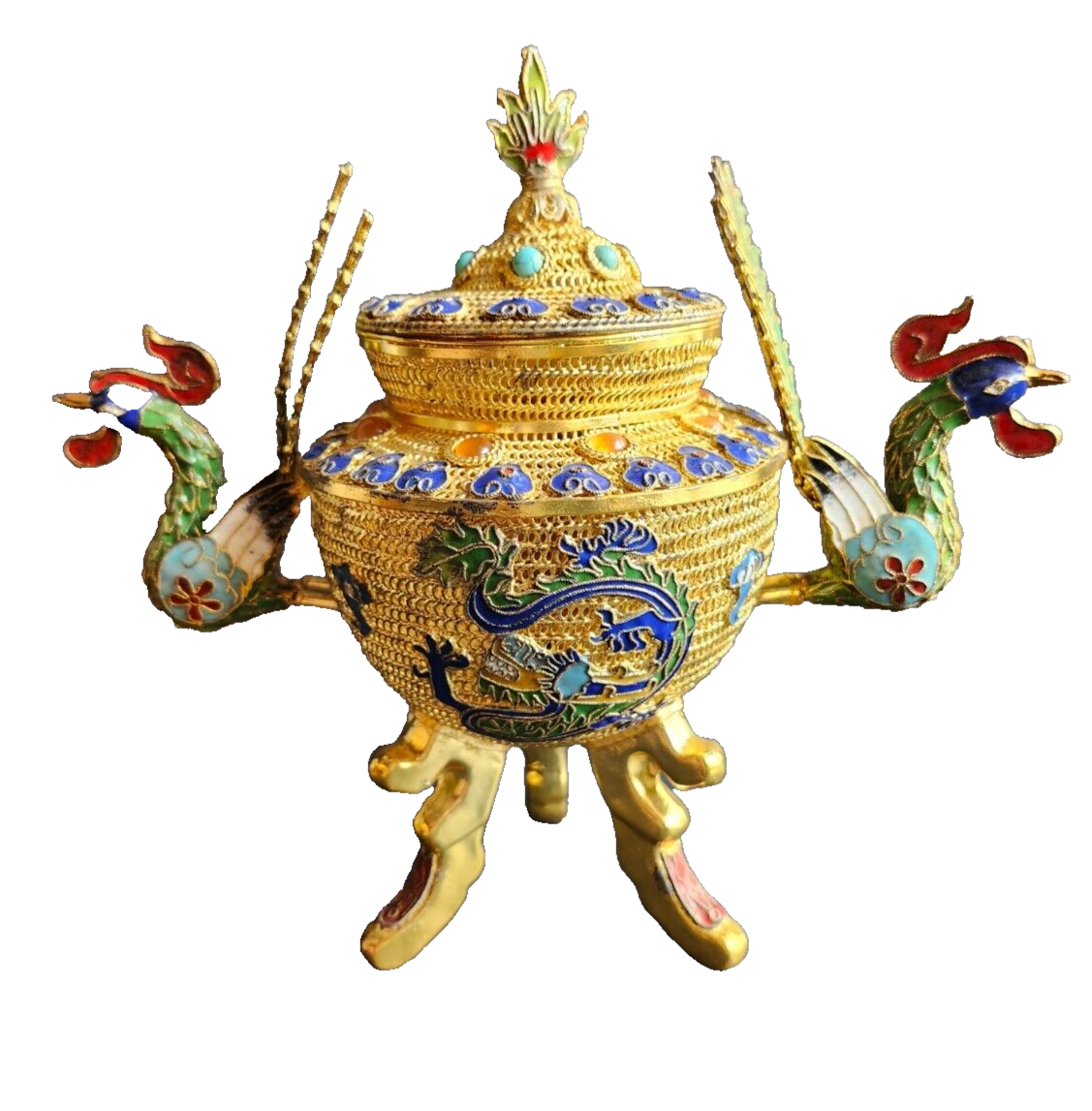 Vintage Gold Filigree & Enamel Chinese Incense Burner image 0