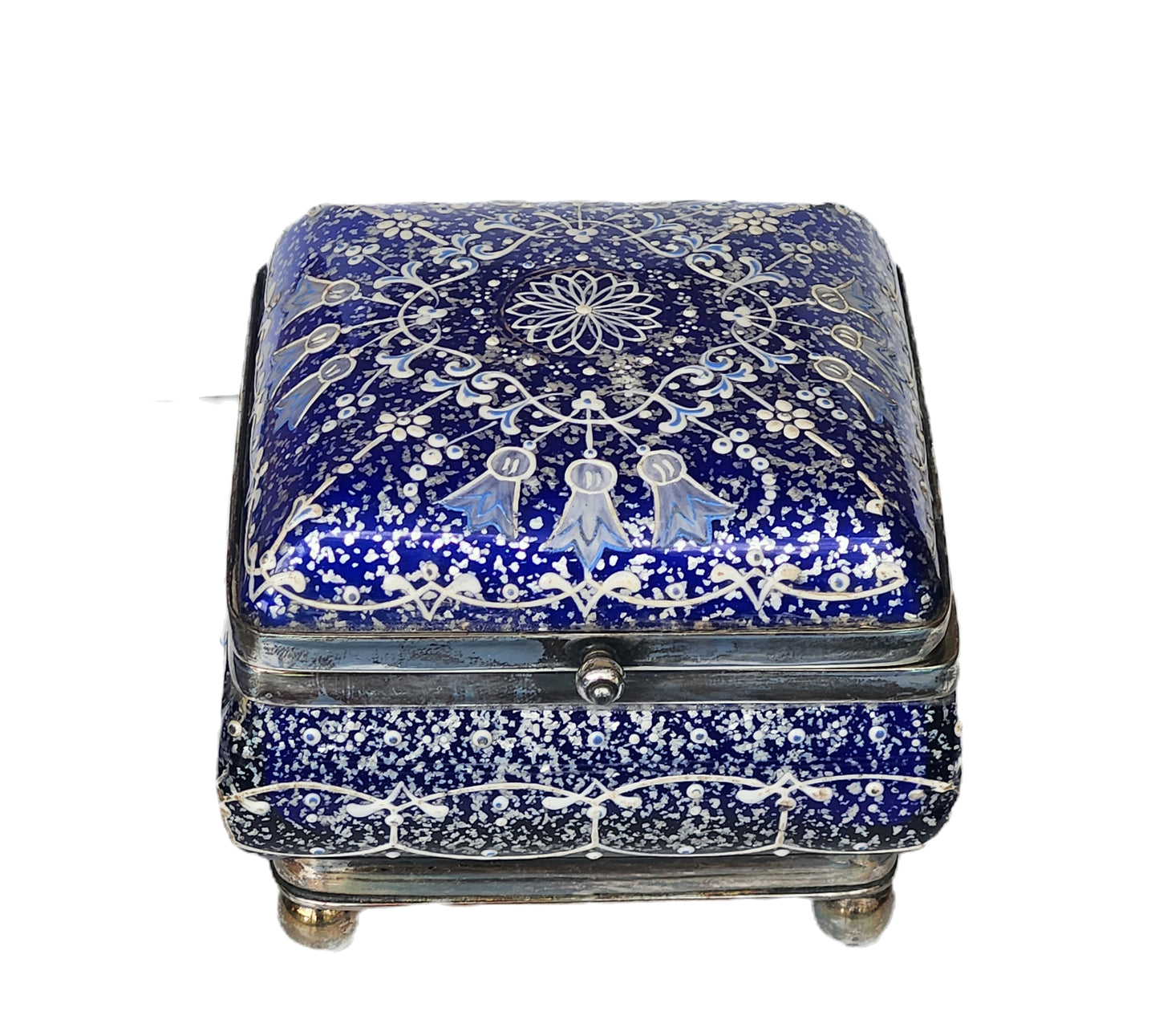 Rare Vasa Murrhina Sandwich Glass Meriden Silver Plate Blue Jewelry Box image 0