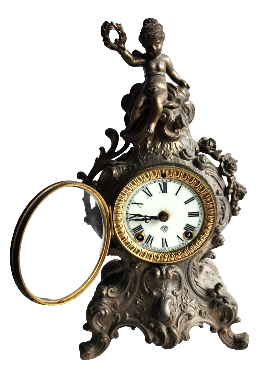 Antique Ansonia Bronze Gold Gilt Cherub Mantle Clock ~ Key Wind & Working image 2