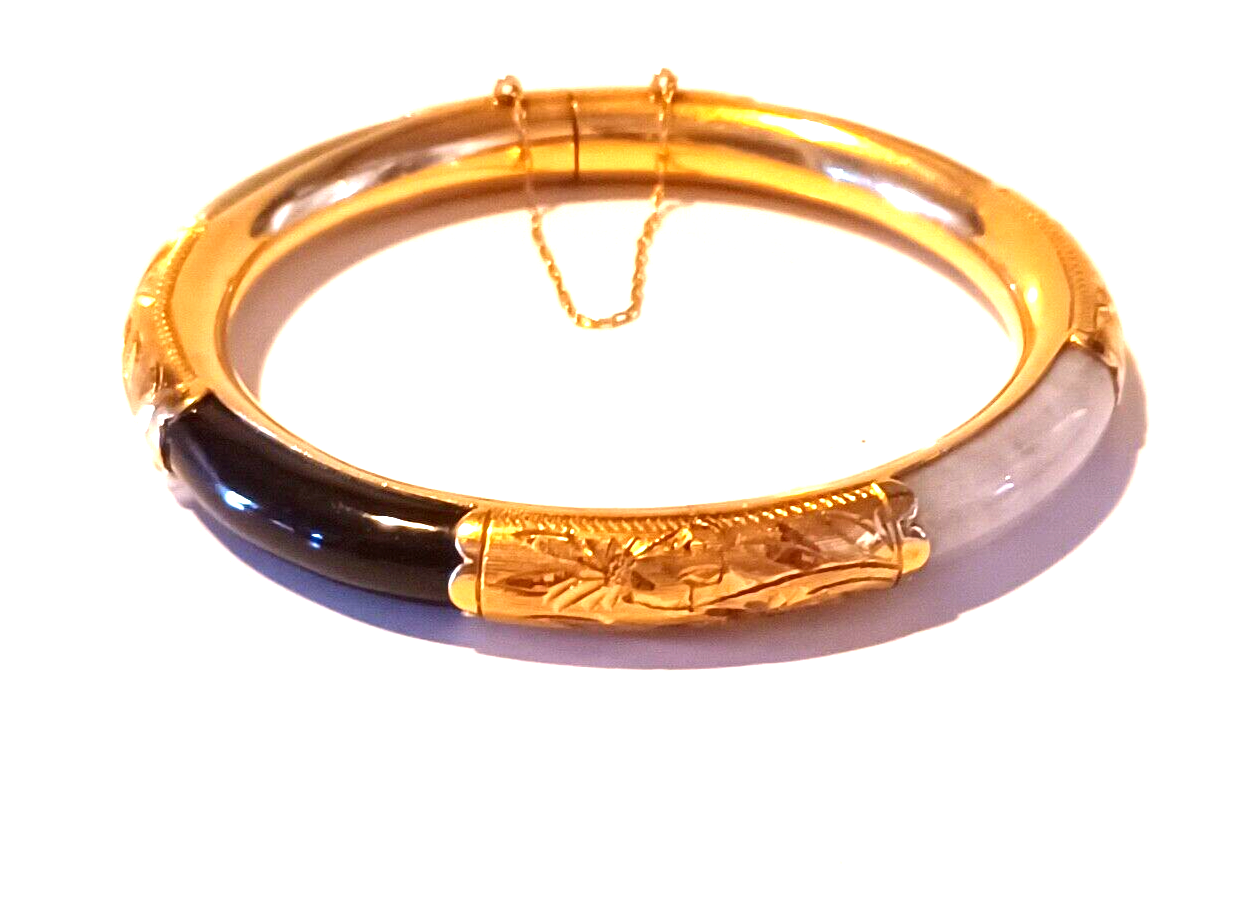 Antique 14K Yellow Gold Red, Green, White & Black Jade Bangle Bracelet image 0
