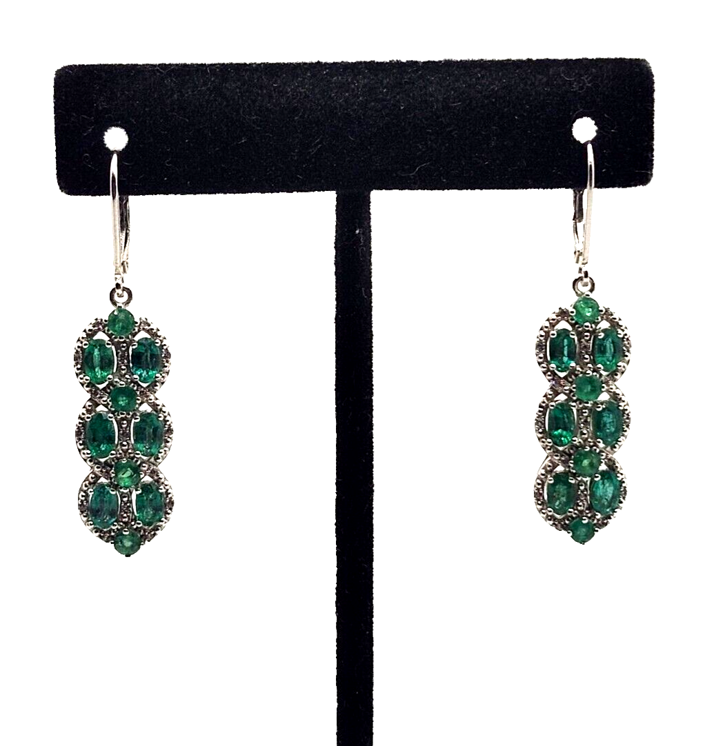 Natural Emerald & Diamond Dangle Earrings in Sterling Silver image 1