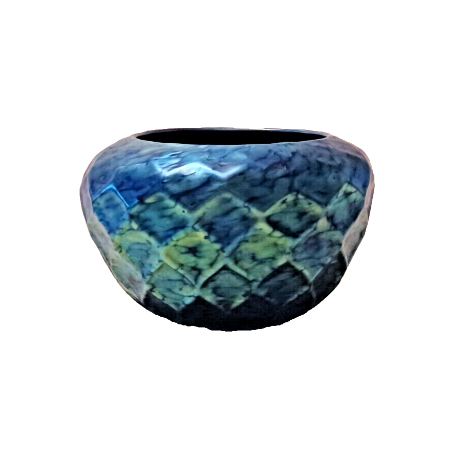 LUNDBERG Studios Art Glass Blue Iridescent Indian Basket Bowl 4 1/2" image 1